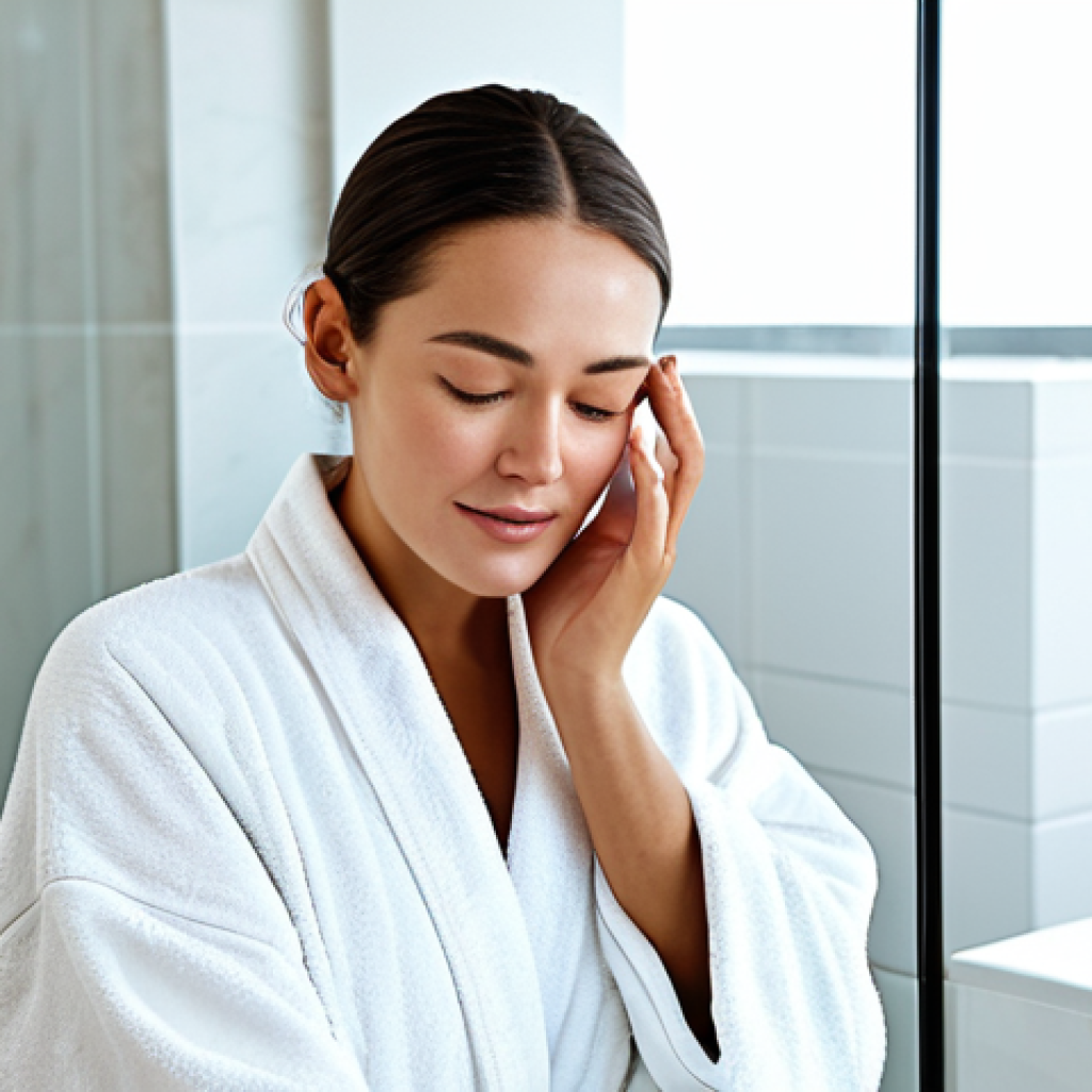 천연 스킨케어에서의 에센셜 오일 활용법 - Skincare Routine**
"A woman with clear, radiant skin, gently massaging her face with a facial oil. ...