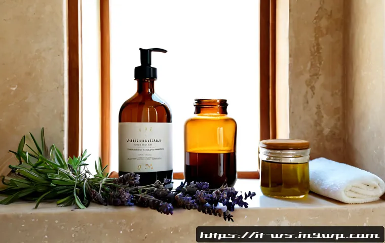 천연 스킨케어의 지속 가능성 - Photorealistic sustainable natural skincare still life in a sunlit Italian bathroom, refillable ambe...