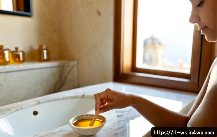 Home 13 천연 스킨케어에서의 꿀 활용법 - Photorealistic close-up of a Mediterranean woman in a bright Italian bathroom applying a thin honey ...