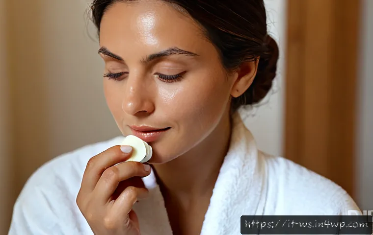 Home 15 천연 스킨케어로 민감한 피부 보호하기 - Photorealistic close-up of an Italian woman with naturally sensitive, slightly rosy skin applying a ...